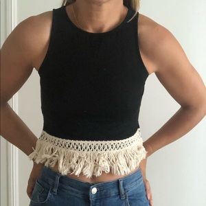 Black Crop Top with Hemp Fringe